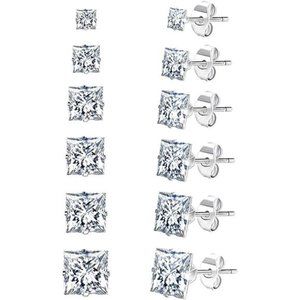 6pcs Stainless Steel Stud Earrings Set Men 14K White Gold Plated Cubic Zirconia
